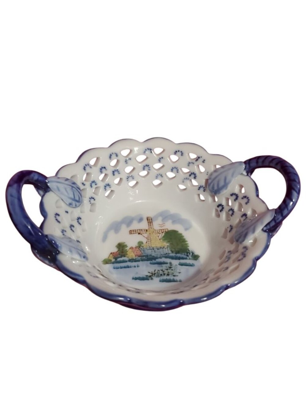 D.N&E.L Hand-Vtg Porcelain Basket W/Windmill Scene & Dual Handles Blue & White - Picture 4 of 12
